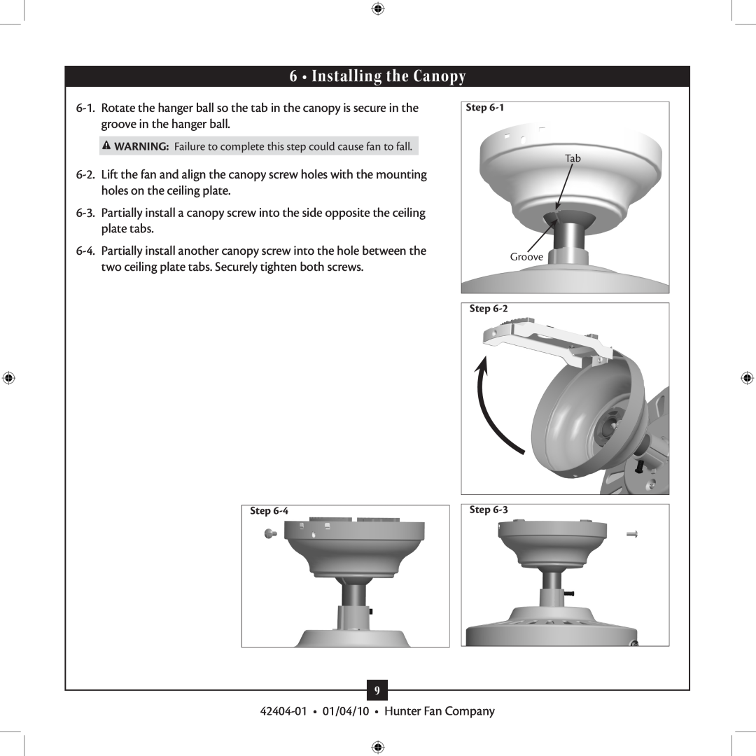 Hunter Fan 42404-01 installation manual Installing the Canopy 
