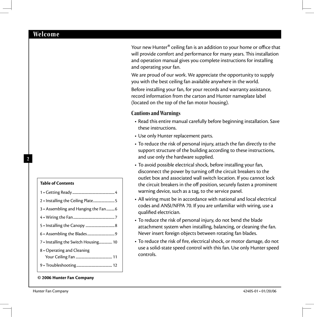 Hunter Fan 42405-01 warranty Welcome, Table of Contents, Hunter Fan Company 