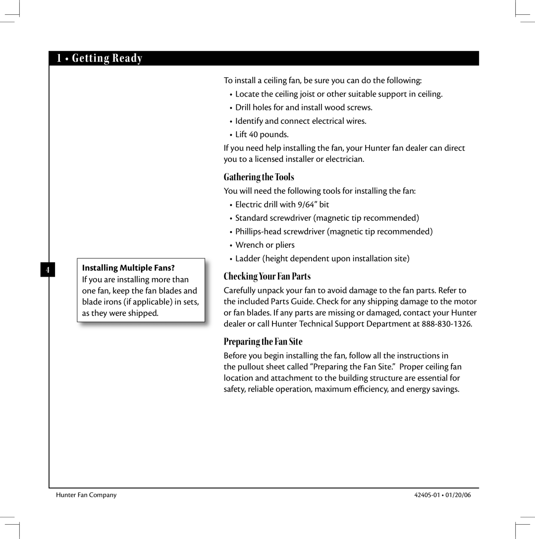 Hunter Fan 42405-01 warranty Getting Ready, Installing Multiple Fans? 