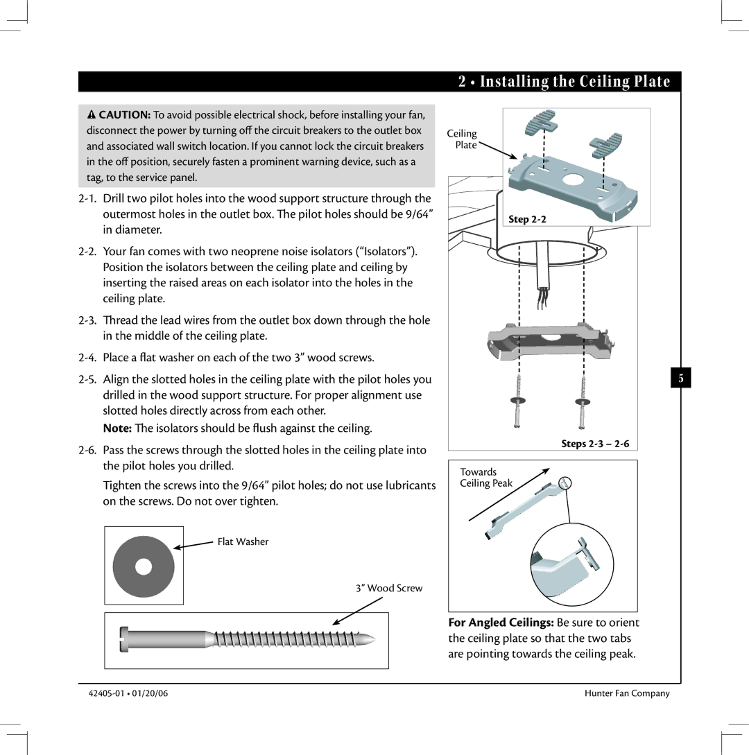 Hunter Fan 42405-01 warranty Installing the Ceiling Plate, Step Steps 2-3 