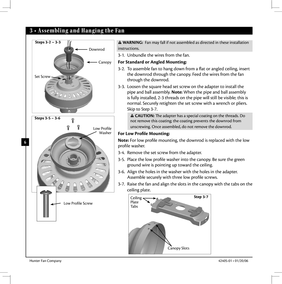 Hunter Fan 42405-01 Assembling and Hanging the Fan, For Standard or Angled Mounting, For Low Profile Mounting, Steps 3-2 