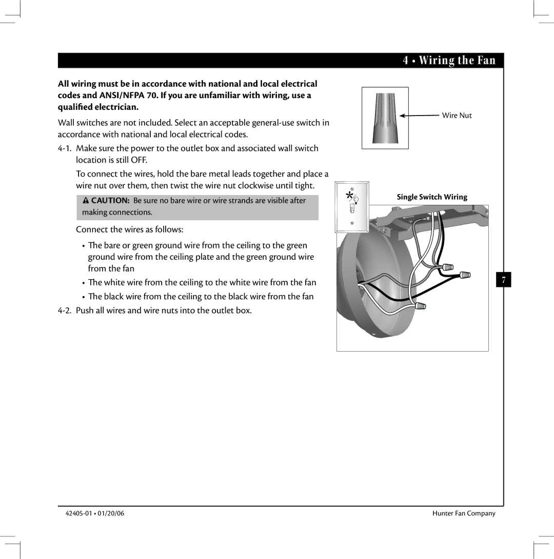 Hunter Fan 42405-01 warranty Wiring the Fan, Single Switch Wiring 