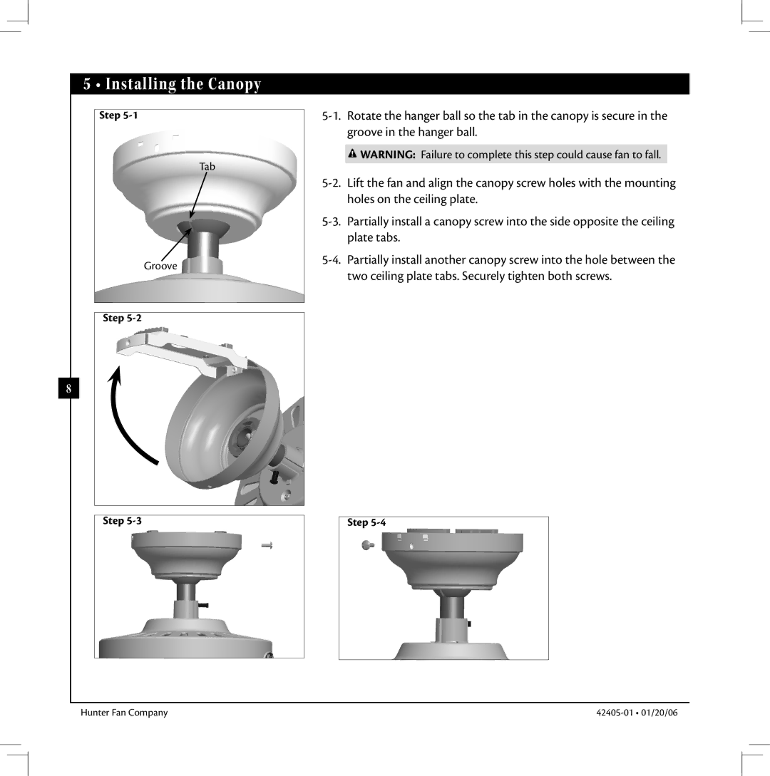 Hunter Fan 42405-01 warranty Installing the Canopy, Step 