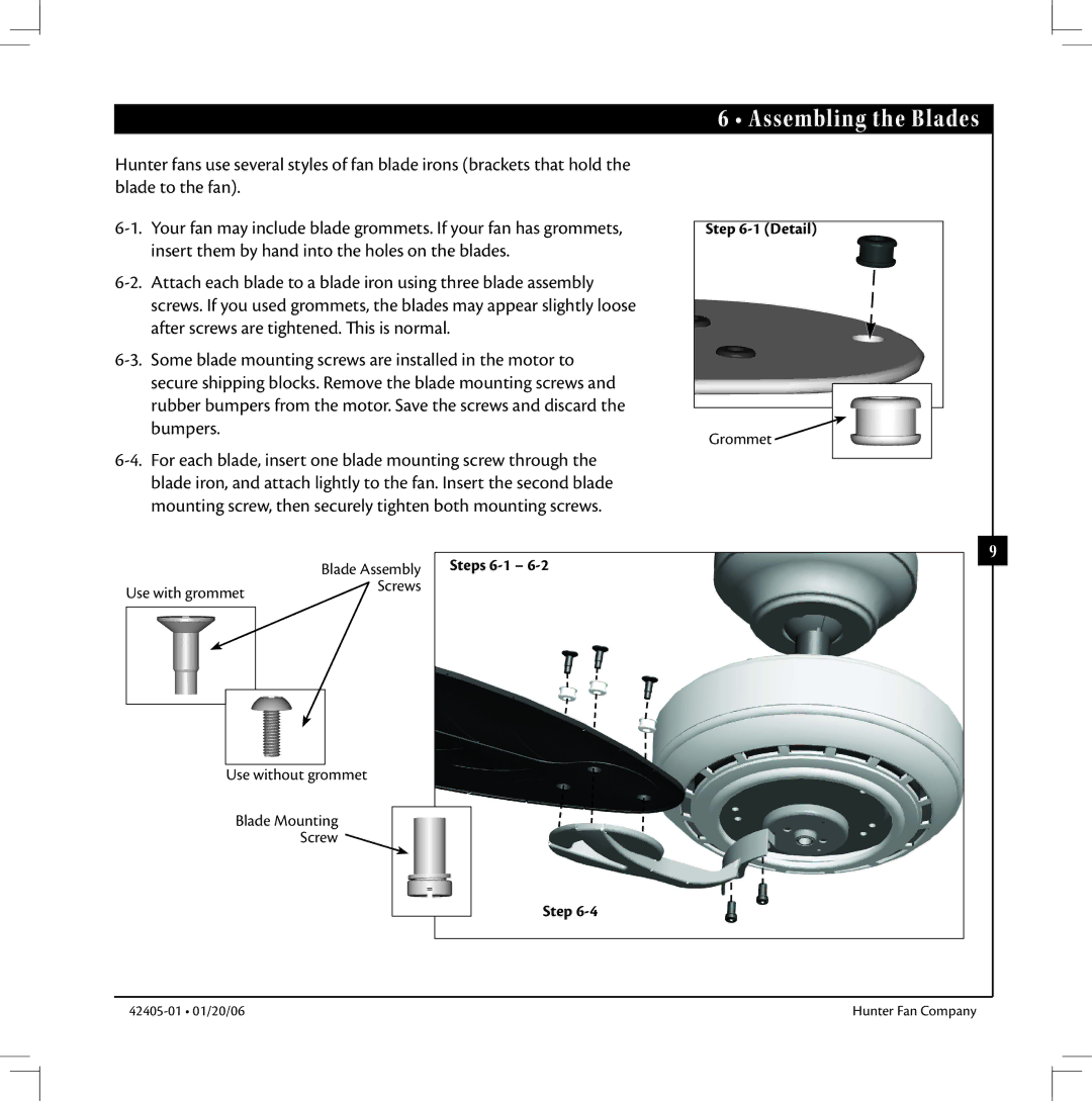 Hunter Fan 42405-01 warranty Assembling the Blades, Detail, Steps 6-1 