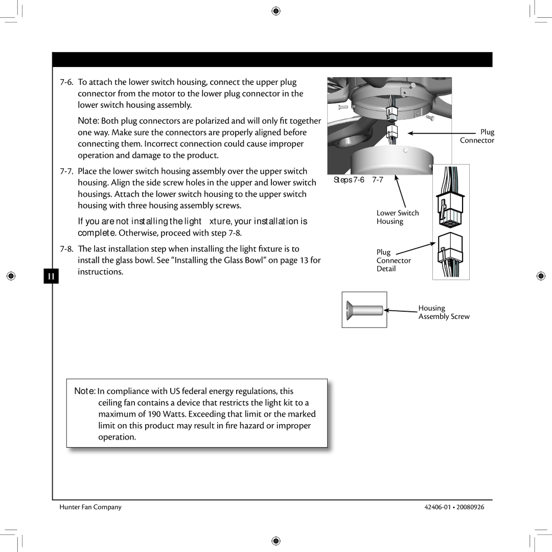 Hunter Fan 42406-01 installation manual Instructions, Steps 7-6 