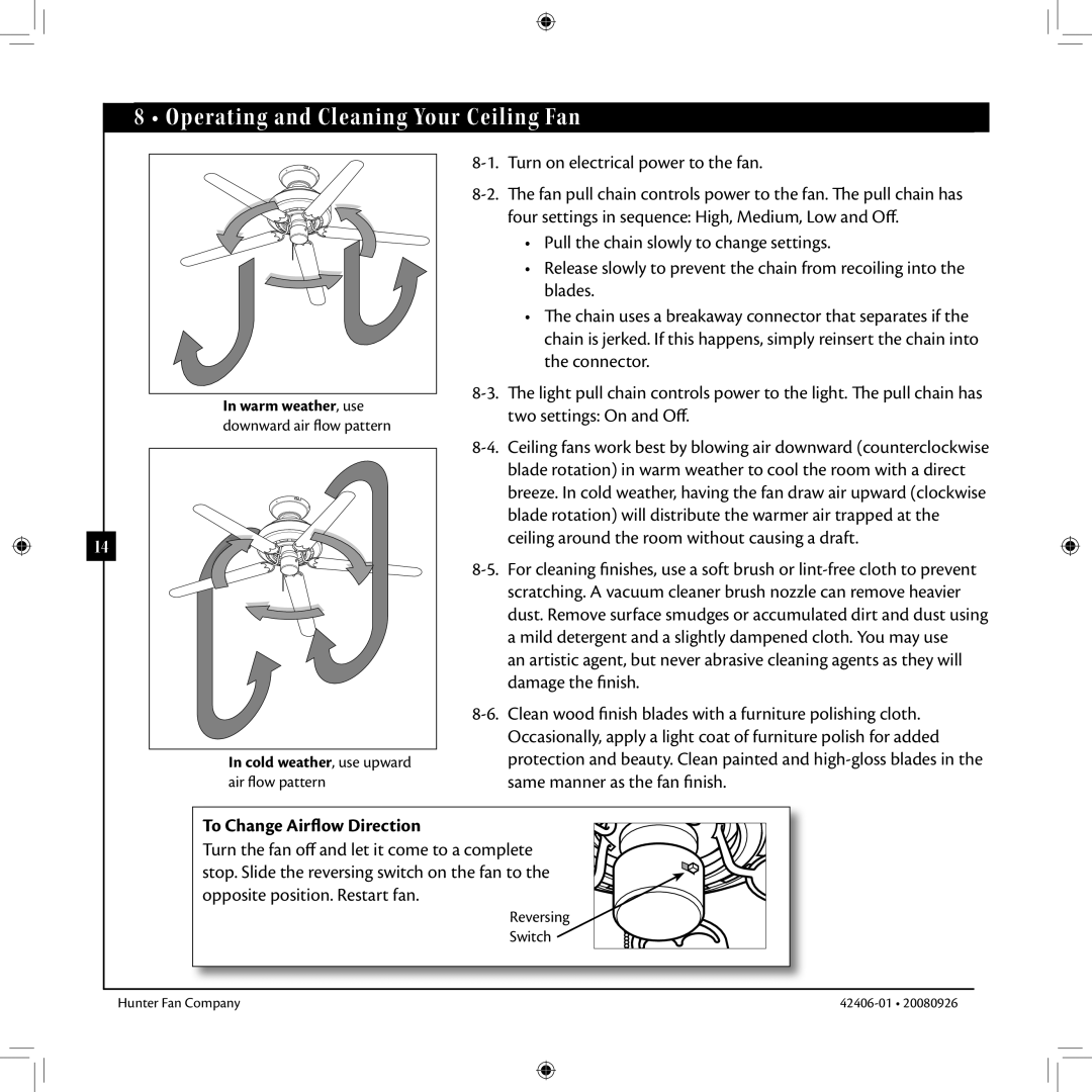 Hunter Fan 42406-01 installation manual Operating and Cleaning Your Ceiling Fan, To Change Airflow Direction 