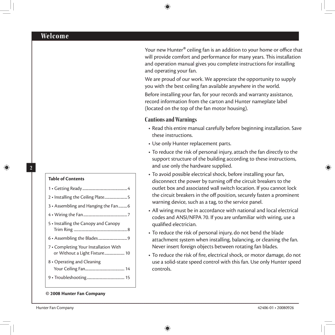 Hunter Fan 42406-01 installation manual Welcome, Table of Contents, Hunter Fan Company 