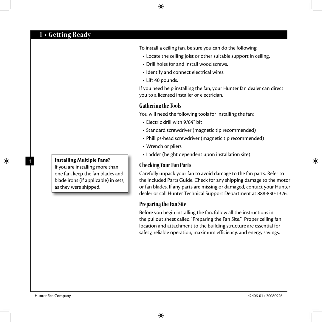 Hunter Fan 42406-01 installation manual Getting Ready, Installing Multiple Fans? 