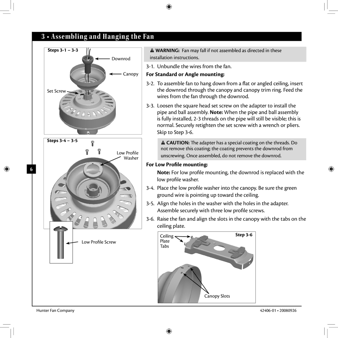 Hunter Fan 42406-01 Assembling and Hanging the Fan, Unbundle the wires from the fan, For Standard or Angle mounting 