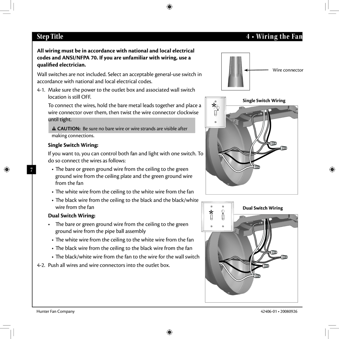 Hunter Fan 42406-01 installation manual Single Switch Wiring, From the fan, Dual Switch Wiring 