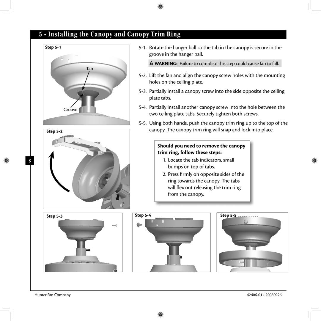 Hunter Fan 42406-01 installation manual Installing the Canopy and Canopy Trim Ring, Step 