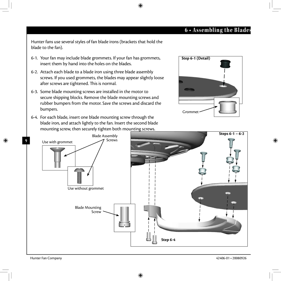 Hunter Fan 42406-01 installation manual Assembling the Blades, Detail, Steps 6-1, Use with grommet Screws 