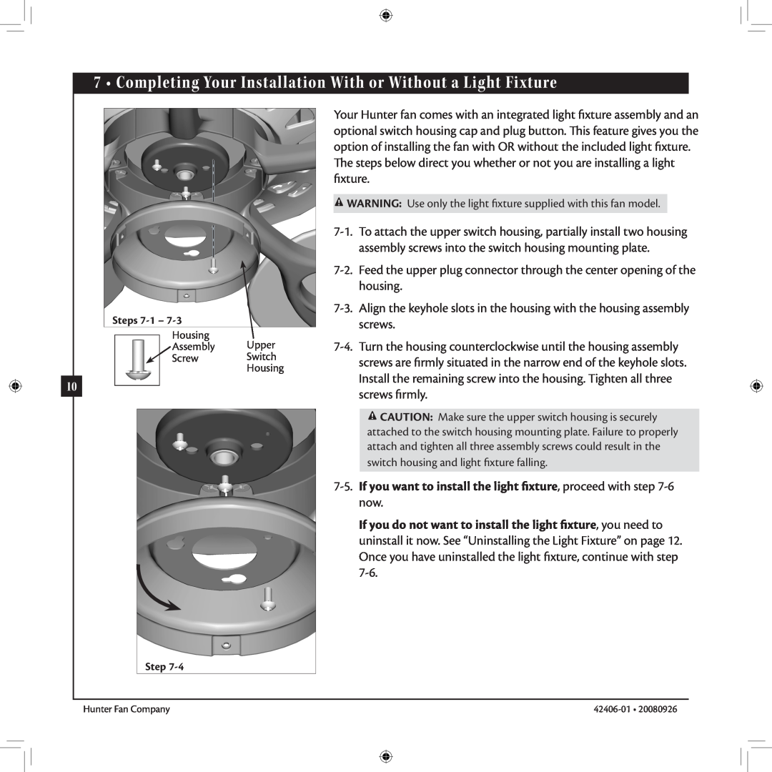 Hunter Fan 42406-01 installation manual Steps 