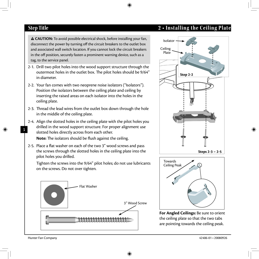 Hunter Fan 42406-01 installation manual Step Title, Installing the Ceiling Plate, Step Steps 
