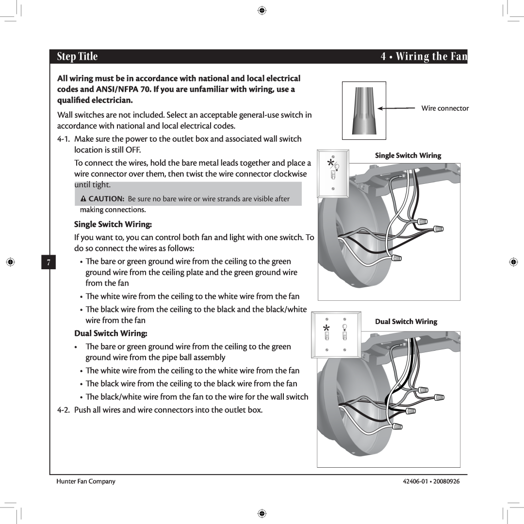 Hunter Fan 42406-01 installation manual Wiring the Fan, Single Switch Wiring, Dual Switch Wiring, Step Title 