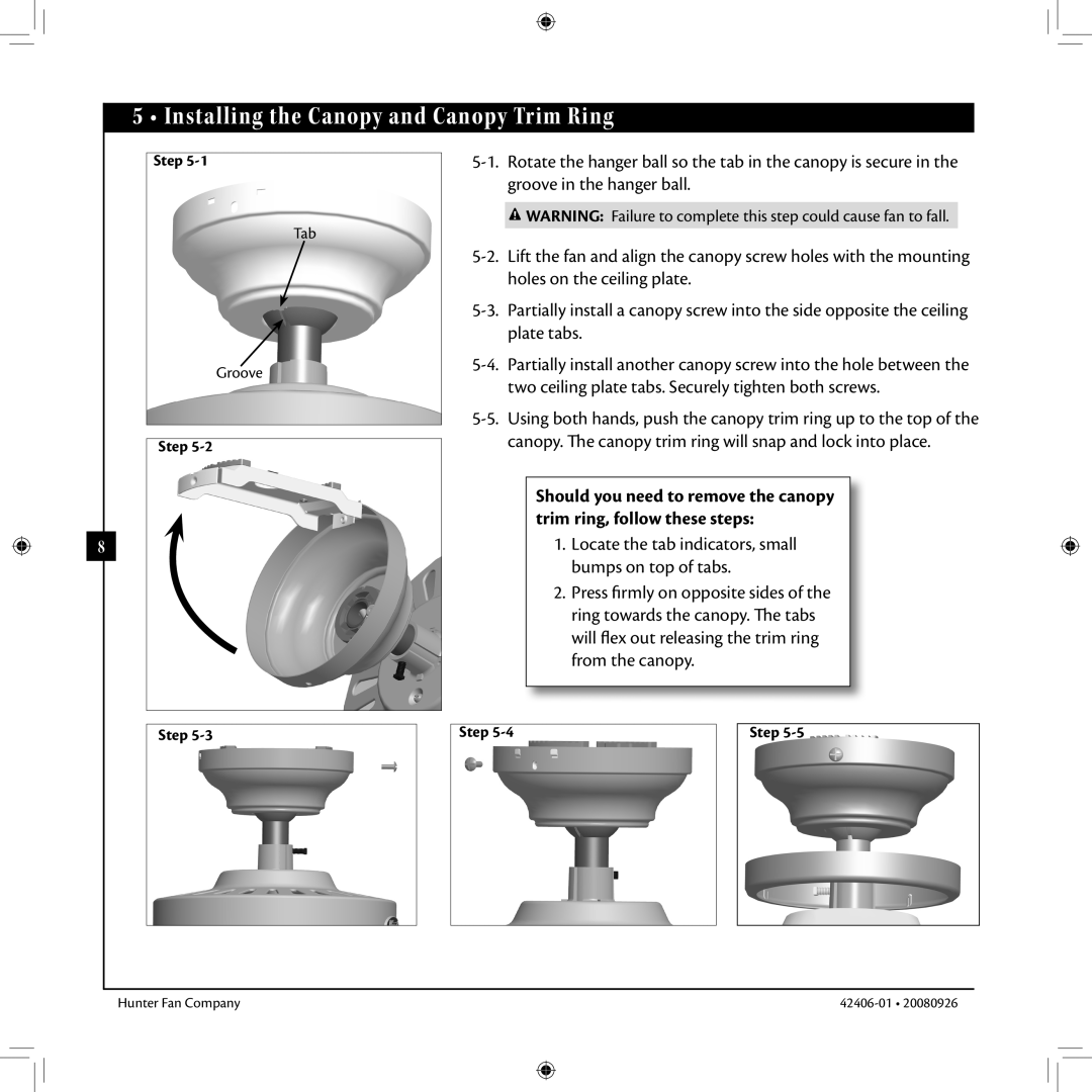 Hunter Fan 42406-01 installation manual Installing the Canopy and Canopy Trim Ring, Step 