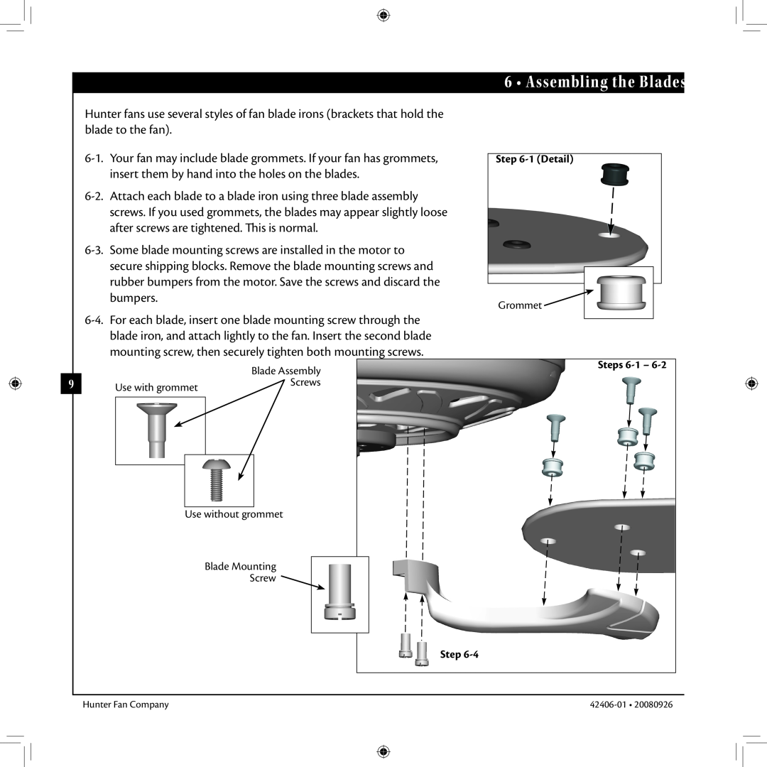 Hunter Fan 42406-01 installation manual Assembling the Blades, 1Detail, Steps, Use with grommet, Screws 