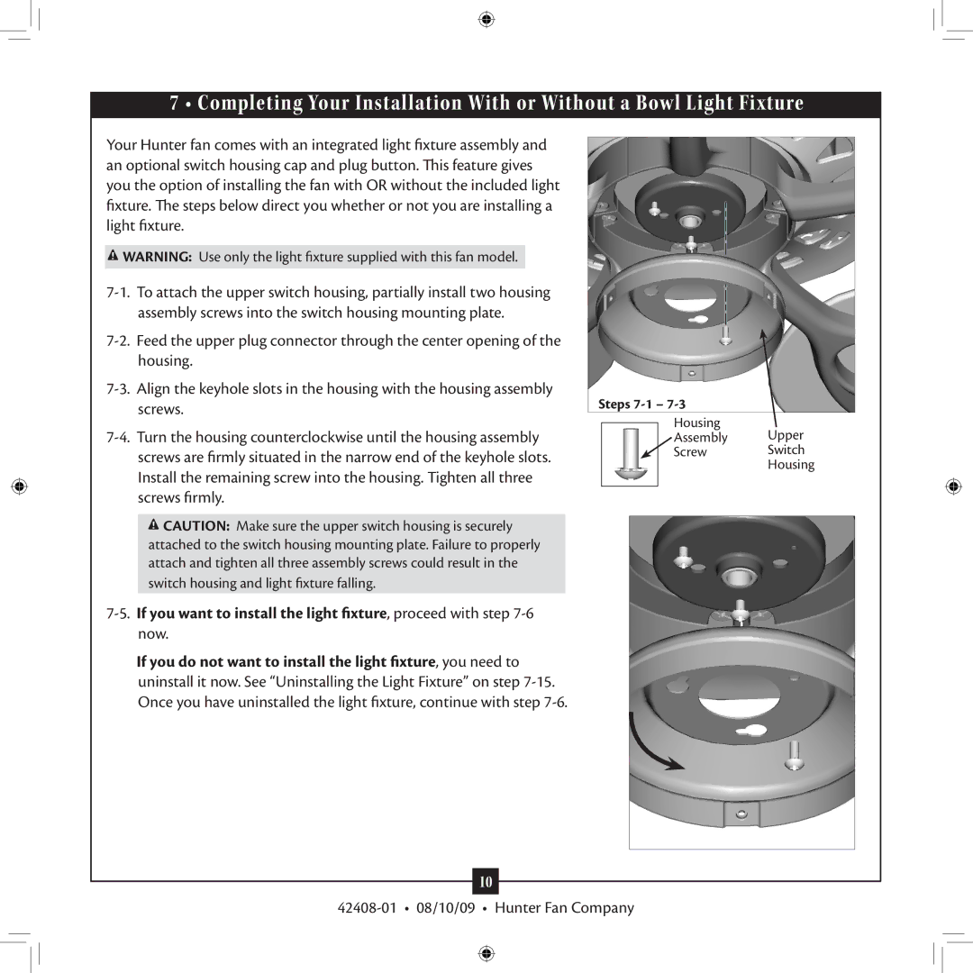 Hunter Fan 42408-01 installation manual Housing Assembly Upper Screw Switch 