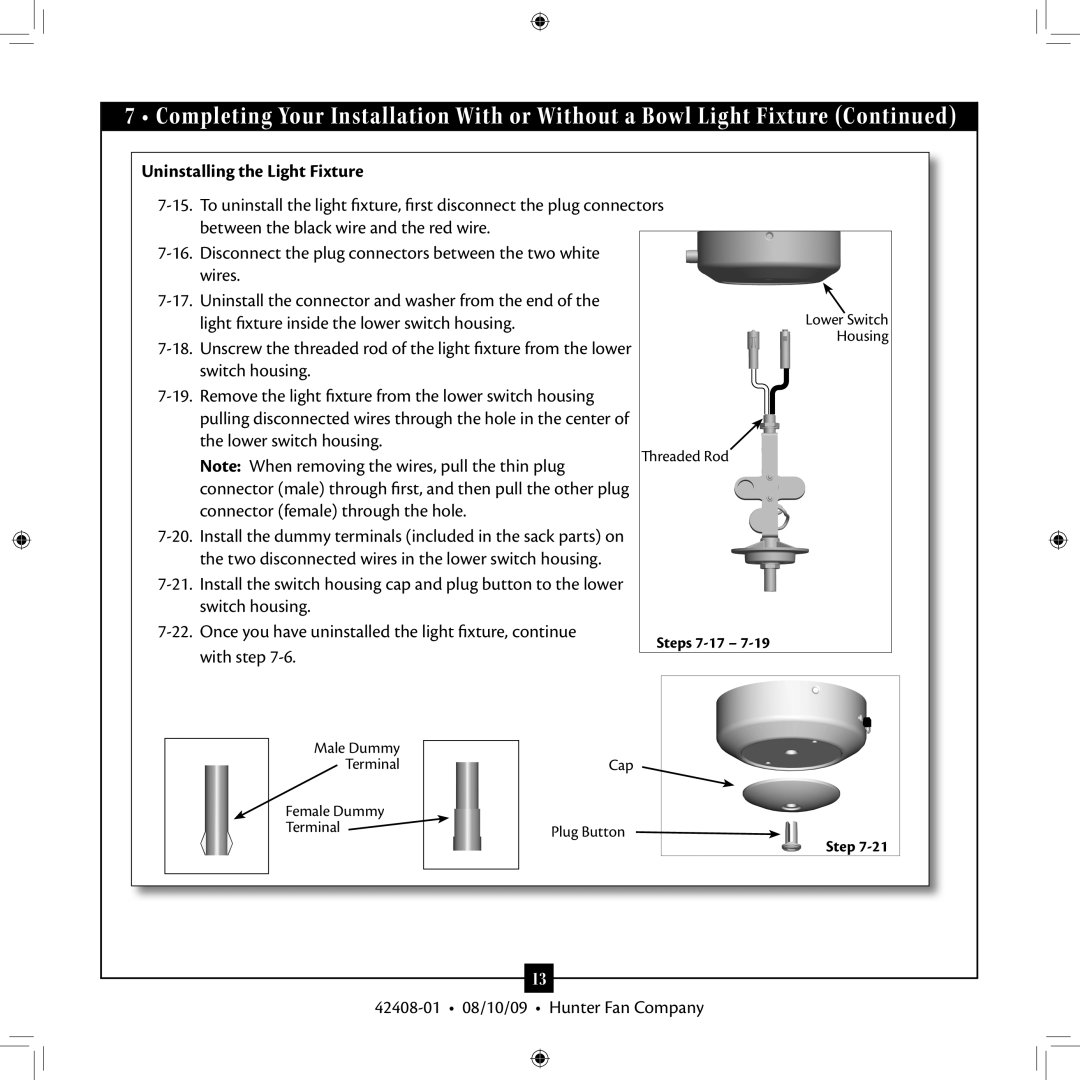 Hunter Fan 42408-01 installation manual Uninstalling the Light Fixture 