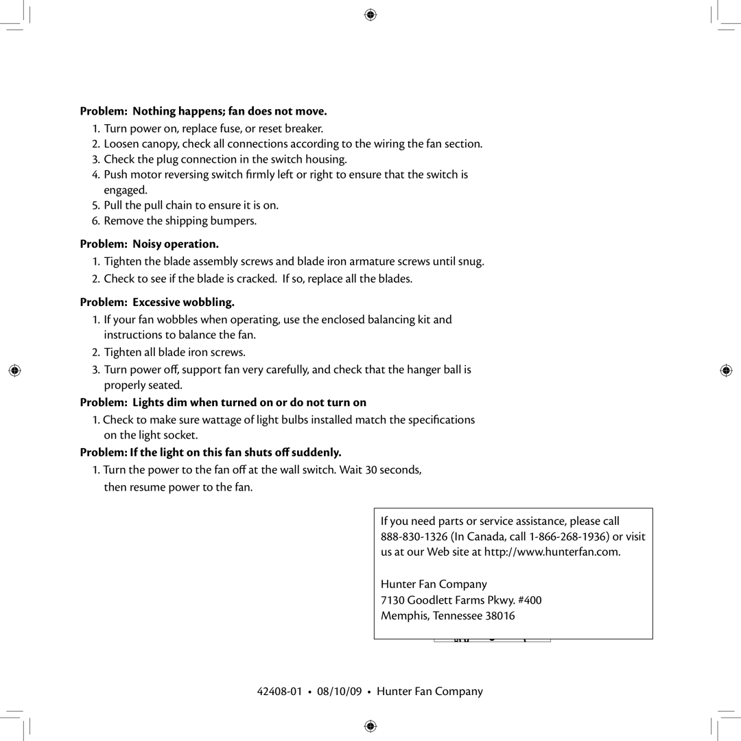 Hunter Fan 42408-01 installation manual Troubleshooting 