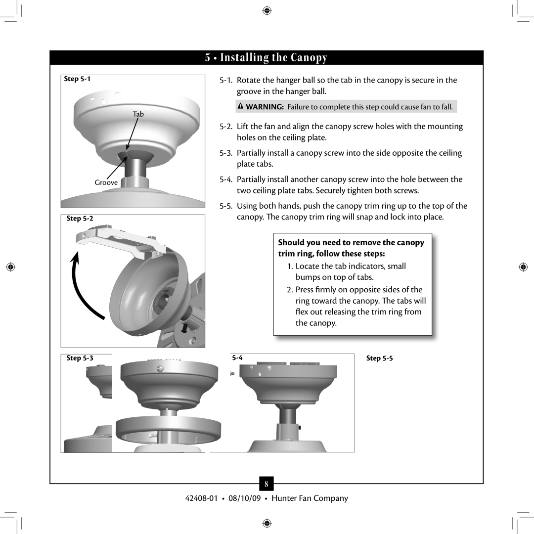 Hunter Fan 42408-01 installation manual Installing the Canopy 