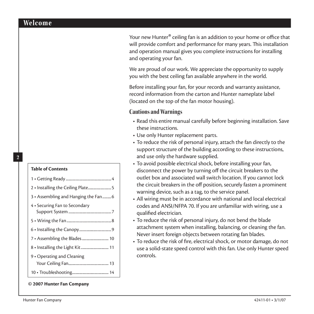 Hunter Fan 42411-01 warranty Welcome, Table of Contents, Hunter Fan Company 