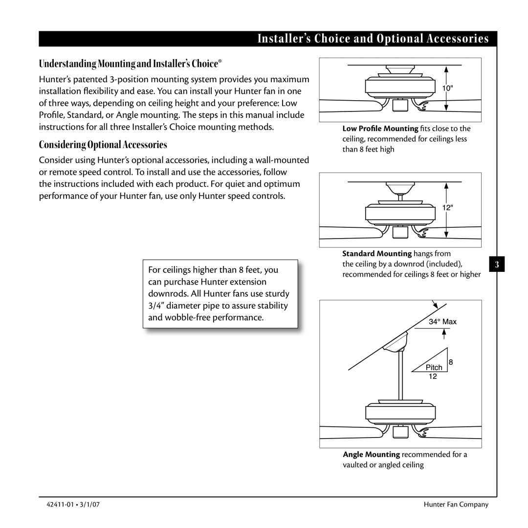 Hunter Fan 42411-01 warranty Installer’s Choice and Optional Accessories, Standard Mounting hangs from 