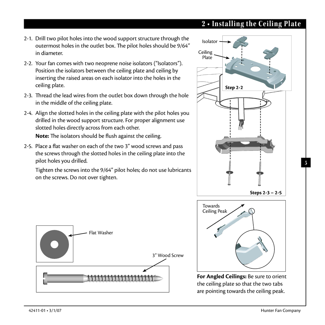 Hunter Fan 42411-01 warranty Installing the Ceiling Plate, Step Steps 2-3 