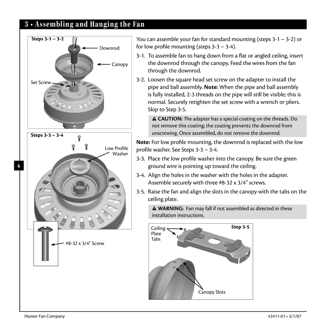 Hunter Fan 42411-01 warranty Assembling and Hanging the Fan 