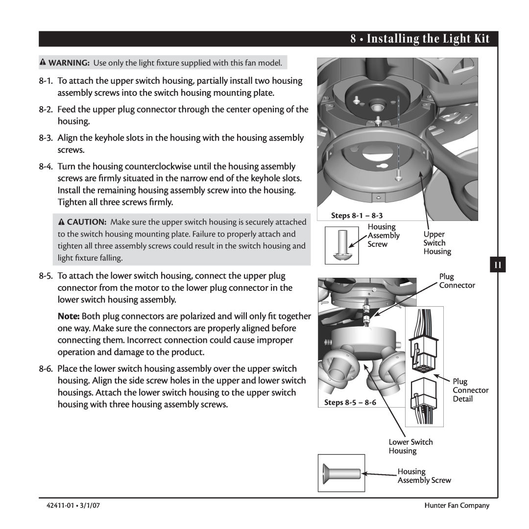 Hunter Fan 42411-01 warranty Installing the Light Kit, Steps 