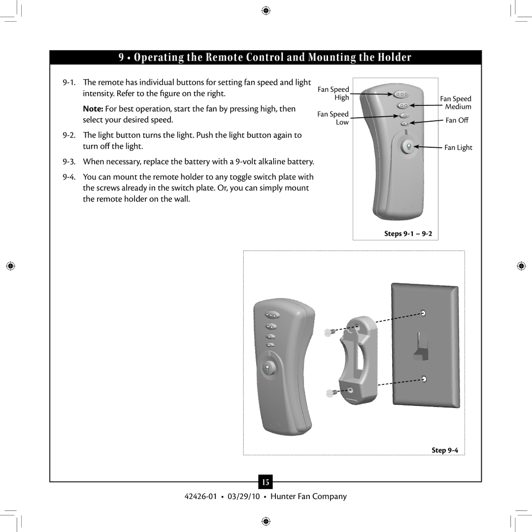 Hunter Fan 42426-01 installation manual Operating the Remote Control and Mounting the Holder 