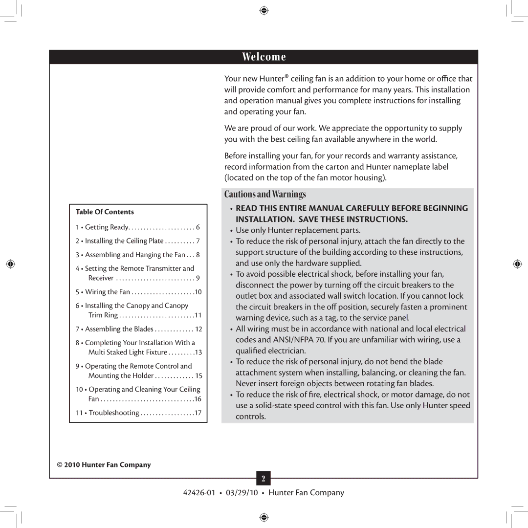 Hunter Fan 42426-01 installation manual Welcome 