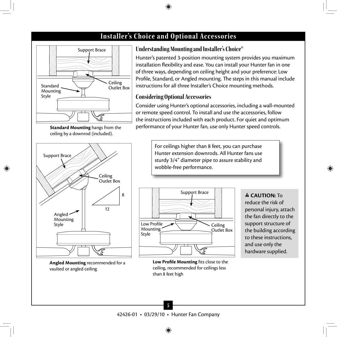 Hunter Fan 42426-01 installation manual Understanding Mounting and Installer’s Choice, Considering Optional Accessories 