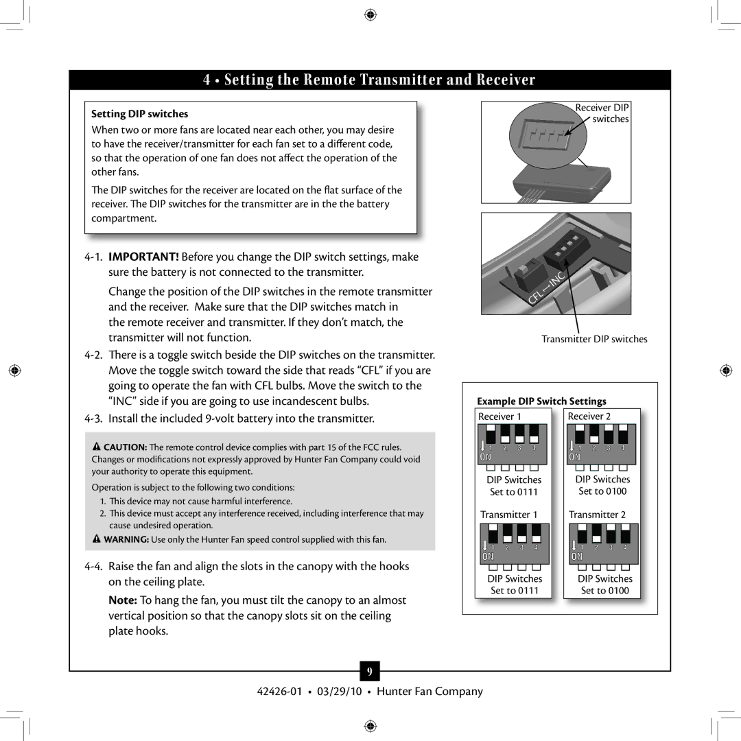 Hunter Fan 42426-01 installation manual Setting the Remote Transmitter and Receiver, Setting DIP switches 