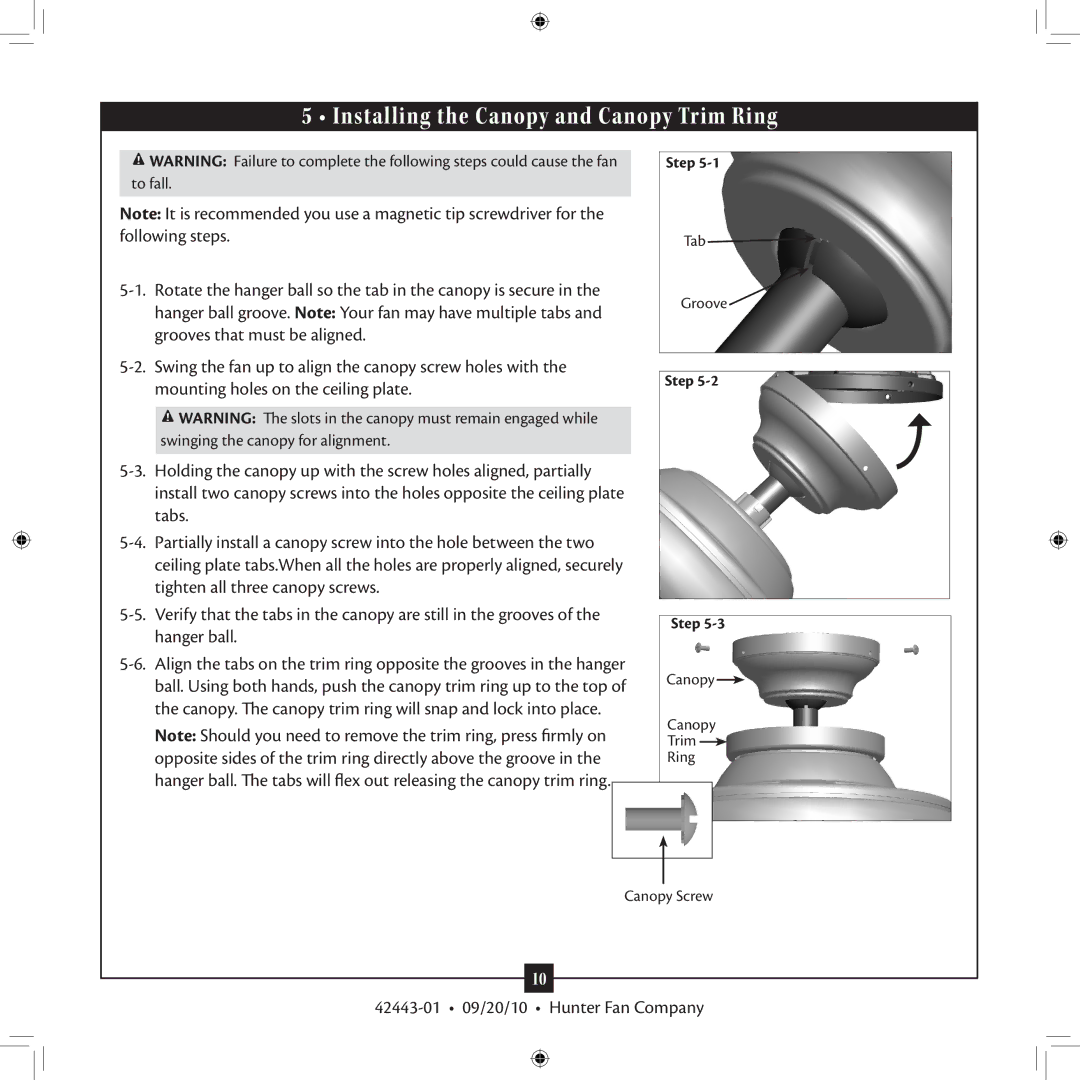 Hunter Fan 42443-01 installation manual Installing the Canopy and Canopy Trim Ring 