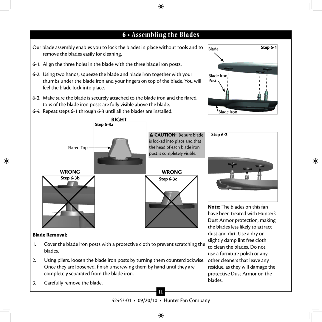 Hunter Fan 42443-01 installation manual Assembling the Blades, Blade Removal 