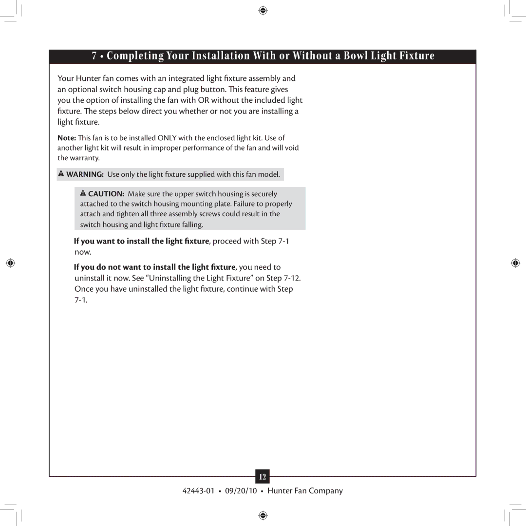 Hunter Fan 42443-01 installation manual 