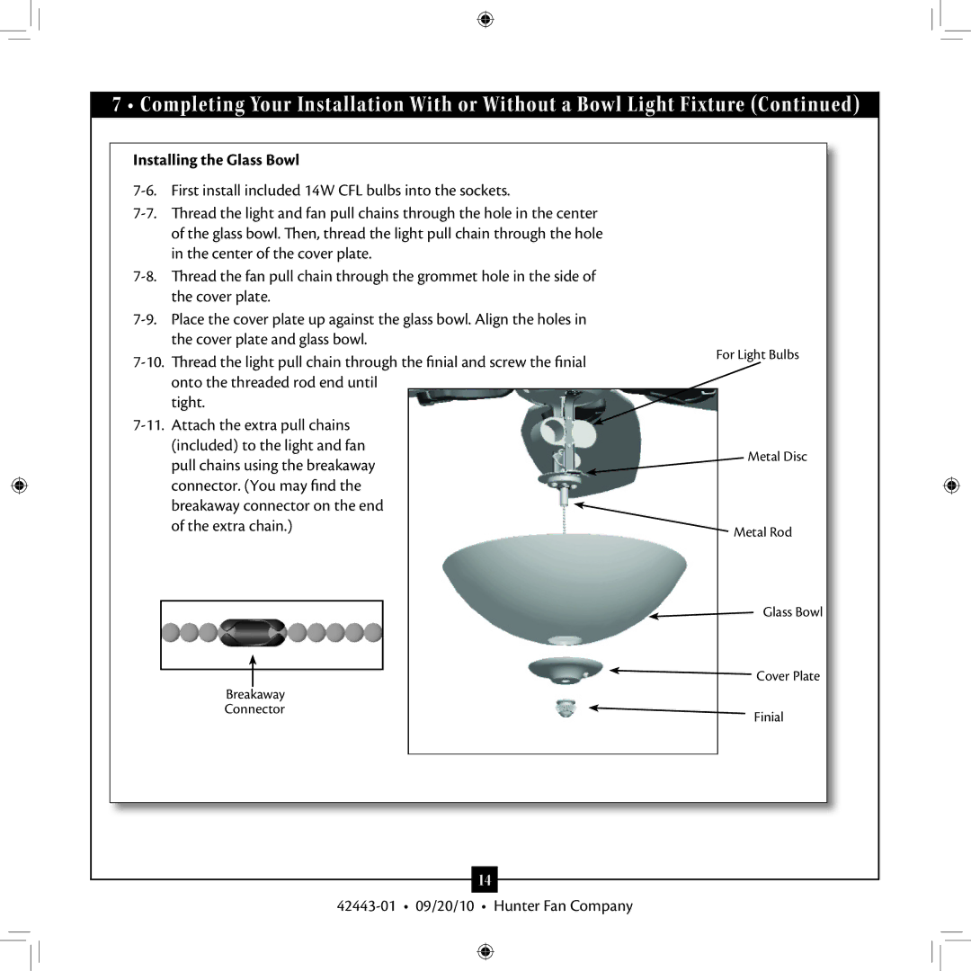 Hunter Fan 42443-01 installation manual Installing the Glass Bowl 