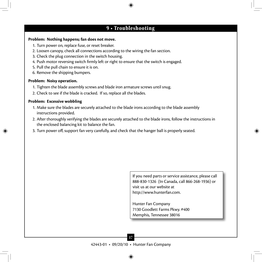 Hunter Fan 42443-01 installation manual Troubleshooting, Problem Nothing happens fan does not move, Problem Noisy operation 