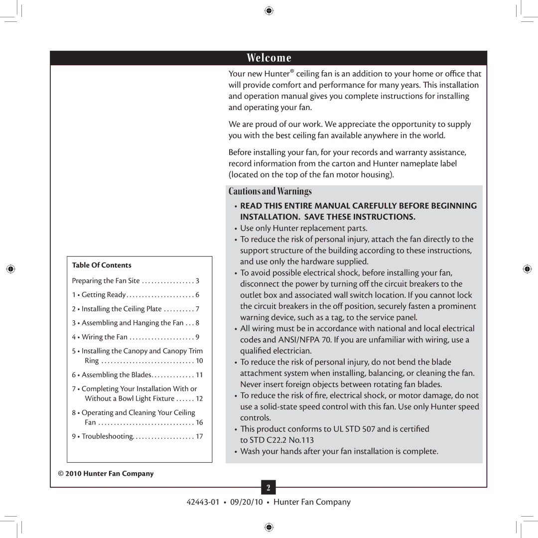 Hunter Fan 42443-01 installation manual Welcome, Table Of Contents 