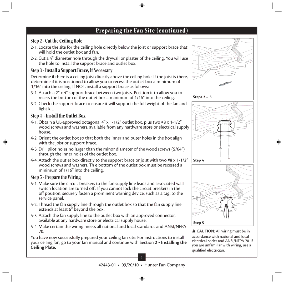 Hunter Fan 42443-01 Cut the Ceiling Hole, Install a Support Brace, If Necessary, Install the Outlet Box, Ceiling Plate 