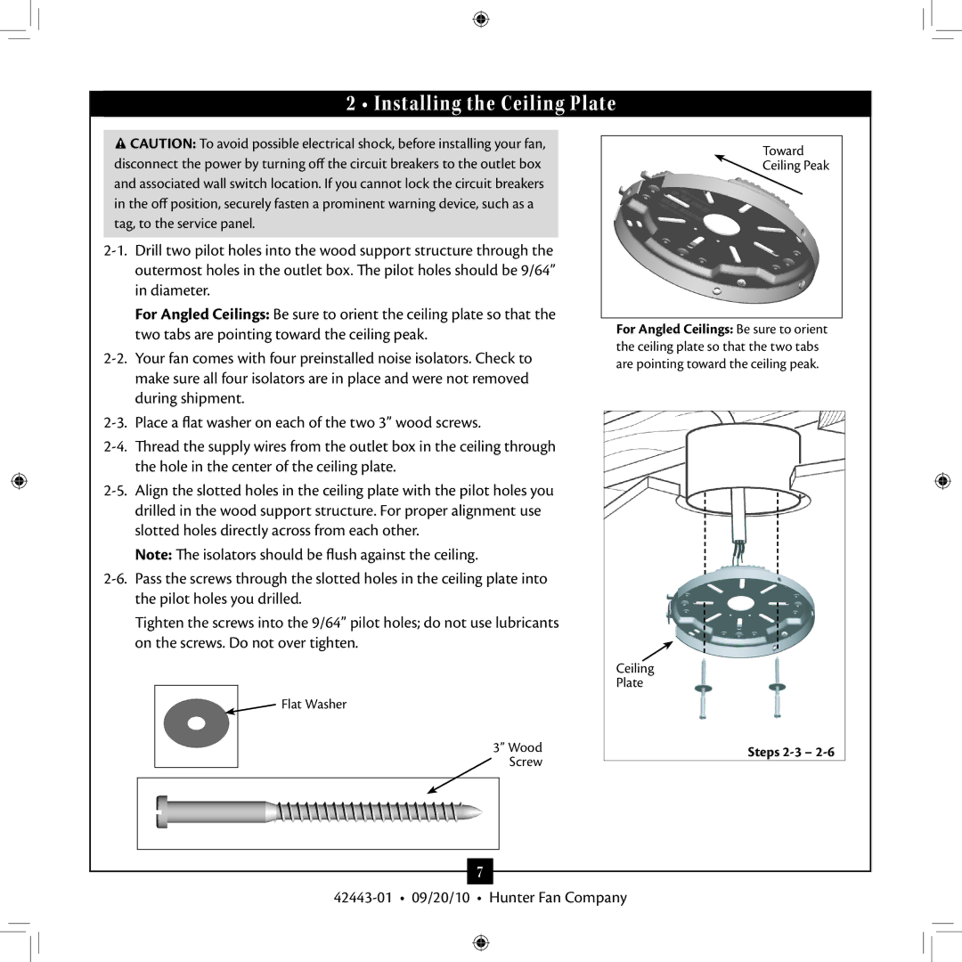 Hunter Fan 42443-01 installation manual Installing the Ceiling Plate, Flat Washer Wood Screw Toward Ceiling Peak 