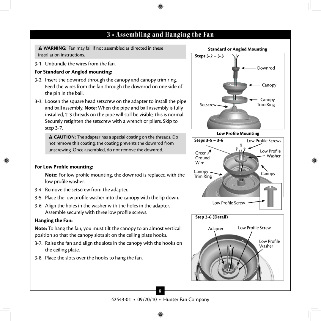 Hunter Fan 42443-01 Assembling and Hanging the Fan, For Standard or Angled mounting, For Low Profile mounting 