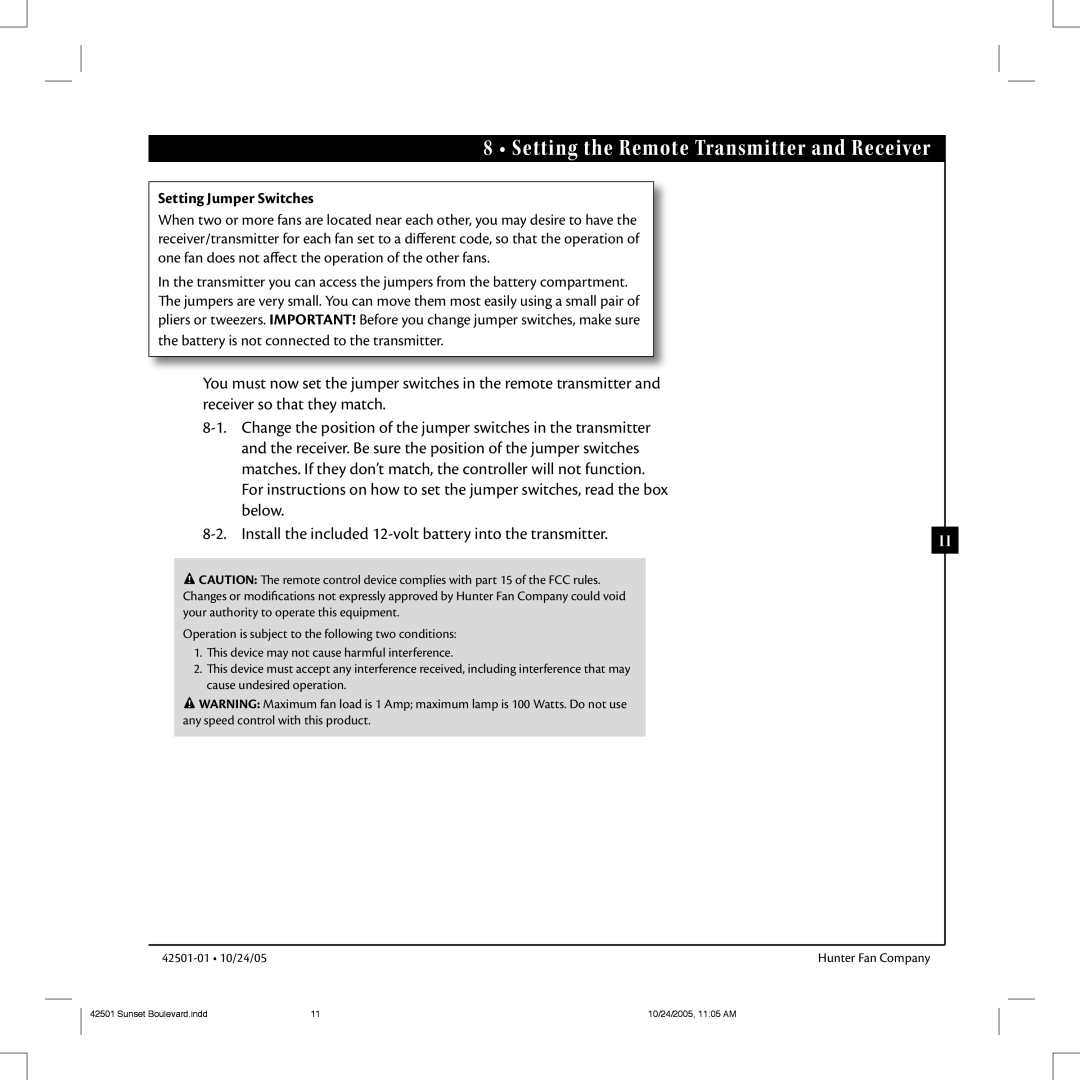 Hunter Fan 42501-01 manual Setting the Remote Transmitter and Receiver, Setting Jumper Switches 