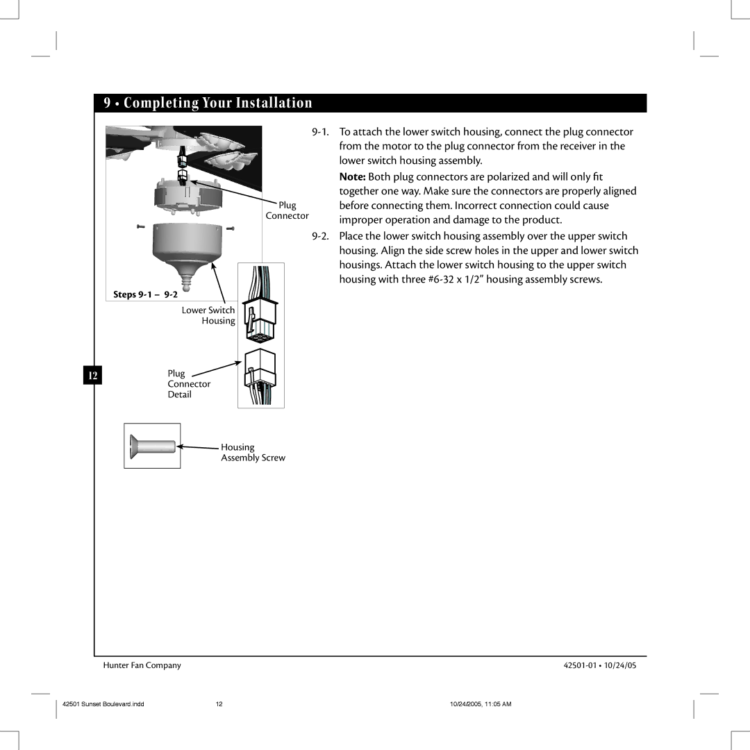 Hunter Fan 42501-01 manual Completing Your Installation, Steps 9-1 