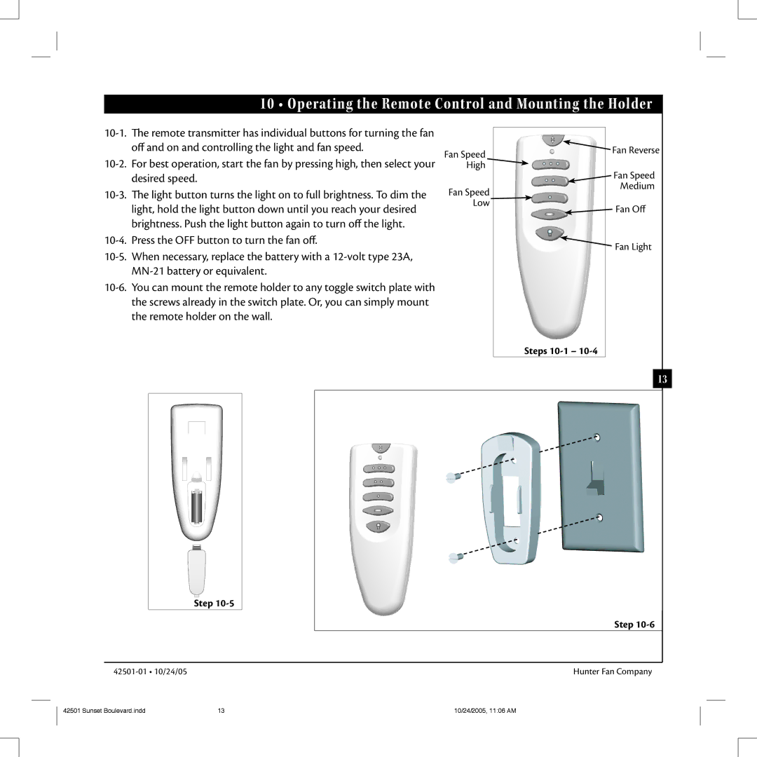 Hunter Fan 42501-01 manual Operating the Remote Control and Mounting the Holder, Steps 10-1 