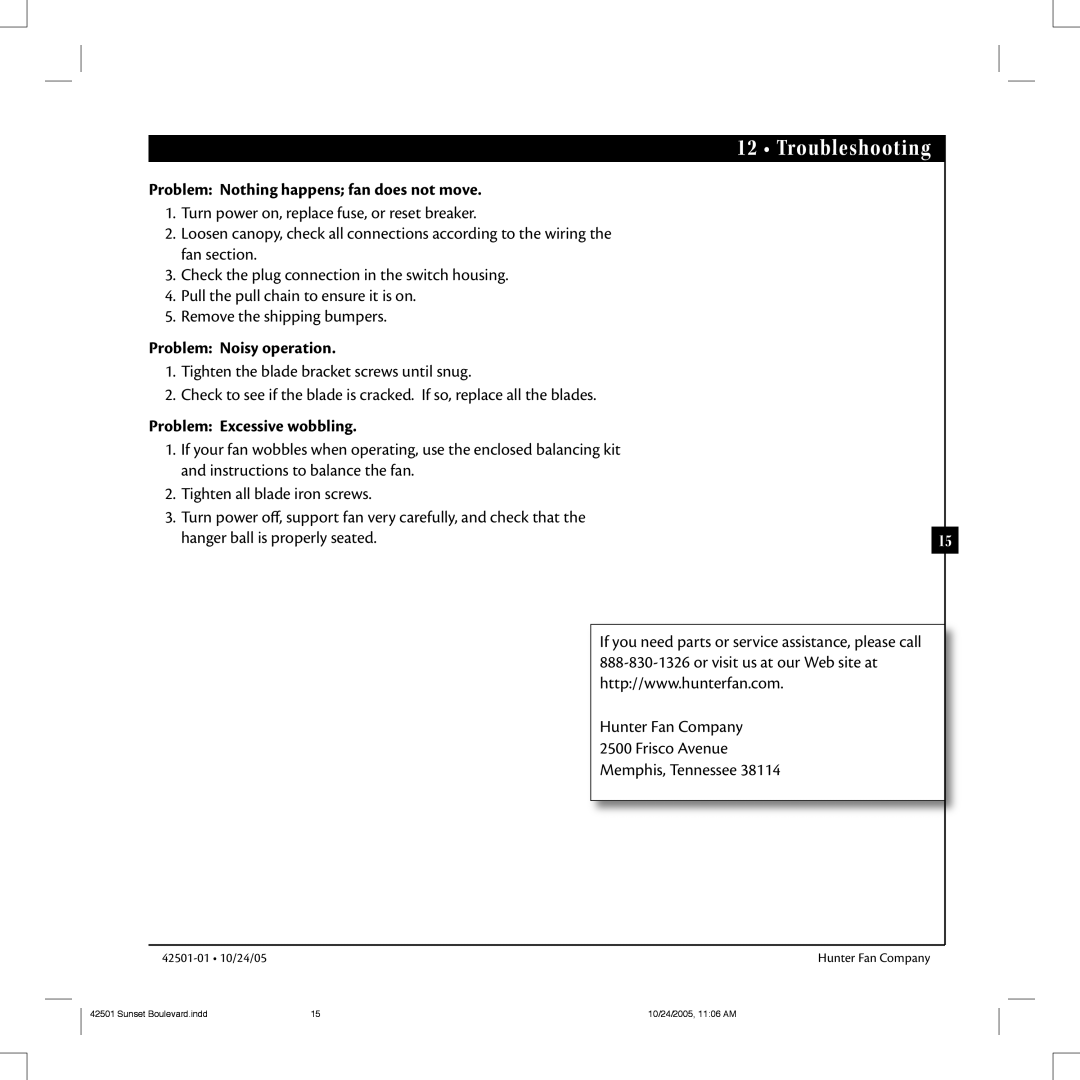 Hunter Fan 42501-01 manual Troubleshooting, Problem Nothing happens fan does not move 