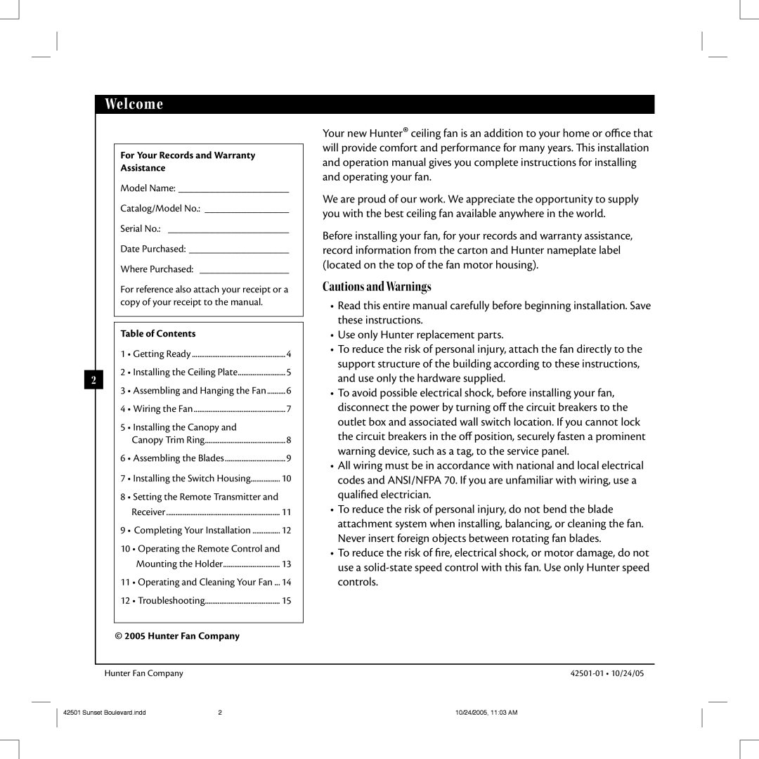 Hunter Fan 42501-01 manual Welcome, For Your Records and Warranty Assistance, Table of Contents, Hunter Fan Company 