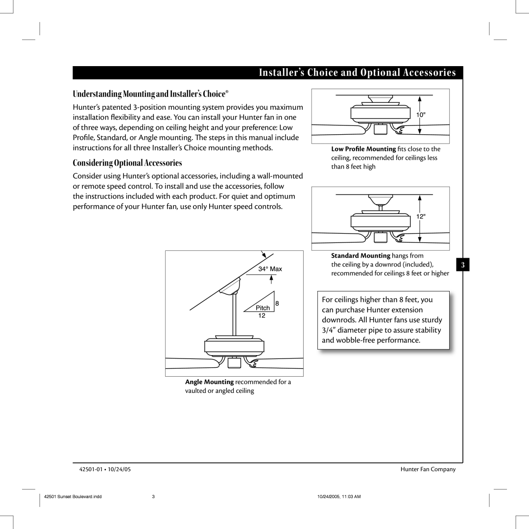 Hunter Fan 42501-01 manual Installer’s Choice and Optional Accessories, Standard Mounting hangs from 