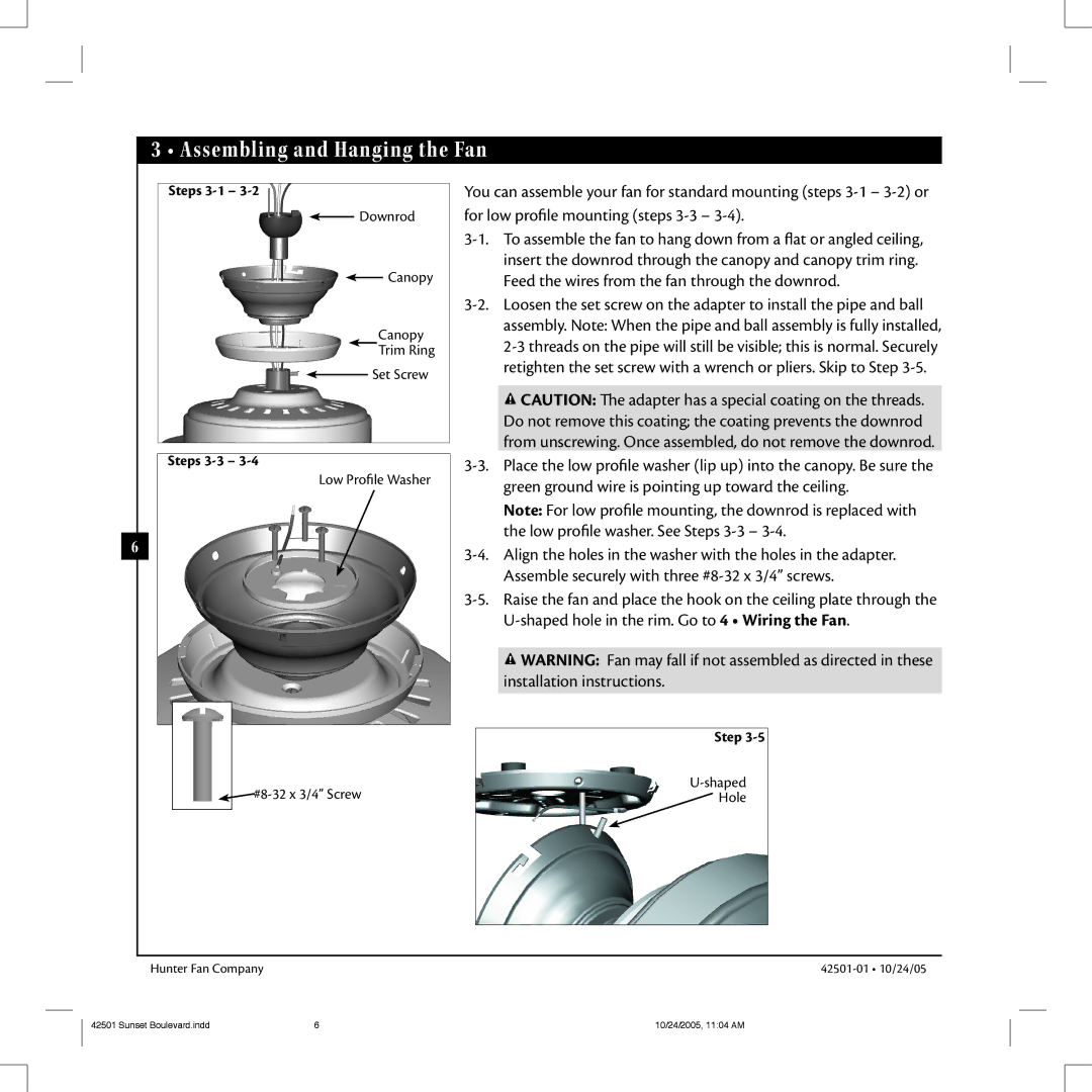 Hunter Fan 42501-01 manual Assembling and Hanging the Fan, Steps 3-1, Steps 3-3 